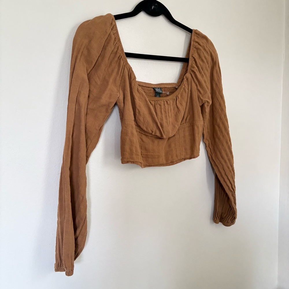 Wild Fable Cropped Long Sleeve Boho Top, Brown, Size XS - Picture 2 of 9